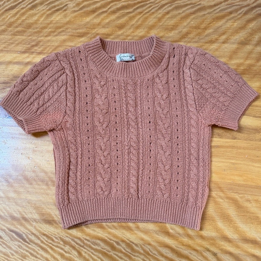Free People Cable Knit Short Sleeve Sweater - Brown